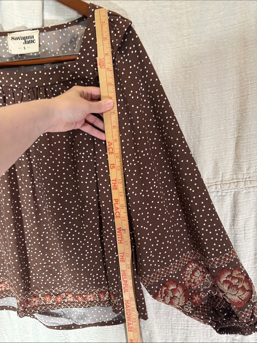 Savanna Jane Brown Polka Dot Blouse Embroidered Floral Hem Balloon Sleeves - Picture 9 of 12